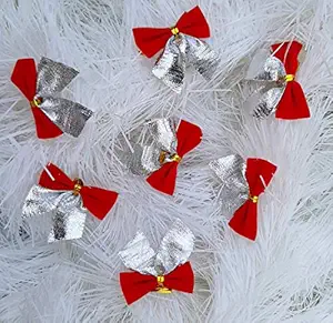 Urvi Creations Christmas Xmas Tree Decoration 12 Pcs Red Silver Bow Top Hanging Ornaments for Xmas Christmas Craft