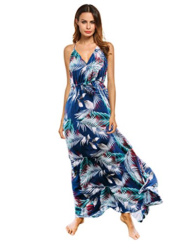 Clearlove Women V-Neck Strap Floral Casual Beach Maxi Long Dress (Blue Leaf, L)