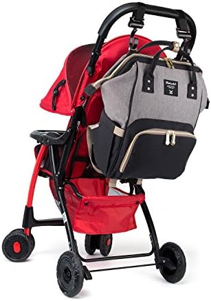[Updated Version] Nappy Bag Backpack with FREE Bonus Hooks, Stroller with Large Capacity for Baby Care,Fashion Design with Mulit Functional Pockets,Wide Open Design and Waterproof Fabric (Grey and Black)