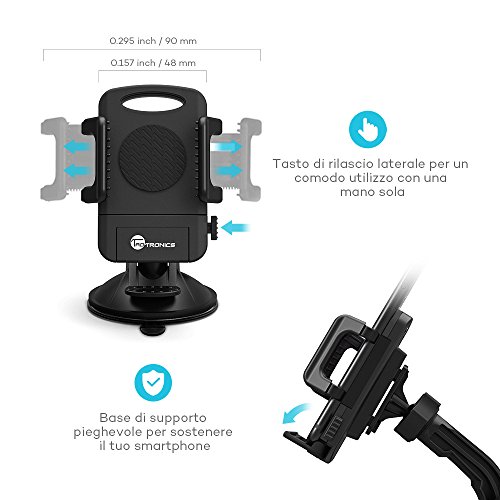 Supporto Auto Smartphone TaoTronics Porta Cellulare Auto, Sostegno Smartphone Auto con Rilascio Automatico e Larghezza 5cm-9cm di Braccia, 360 Gradi di Rotazione per iPhone, Smartphone Android, Telefoni Cellulari e Navigatori da Auto
