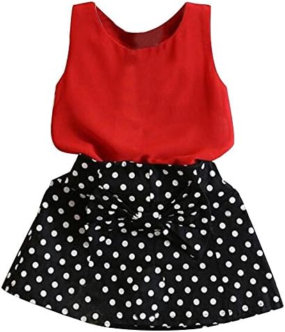 BESTOPPEN 2pcs children Baby Girls Clothing Outfits Sets Cute Sleeveless Pleated Vest Tops +Dot Printing Dress Short Skirt Set Baby Gift Cotton Clothes For 1-6 Years Old (130/5-6Y, Red)