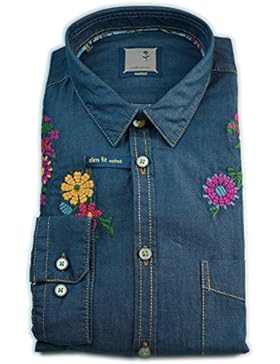 Seidensticker Herren Langarm Hemd Schwarze Rose Slim Fit Washed blau (jeans) mit Blumenstick 471569.18
