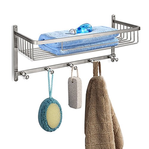 homeideas 2-in-1-Extrem Fest & rostfrei rechteckig Badewanne und Dusche Regal Korb, Wand montiert Badezimmer Bad Caddy/Aufbewahrung mit 5 Handtuchhalter Haken Kleiderbügel, gebürstet, SUS304 Edelstahl, Edelstahl, Silber, C-Rectangular(2-in-1) - 8