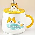 BonZeal Ceramic Happy Dog Mug with Lid Spoon 400 ml Birthday Gift for Girls Sister Daughter Girlfriend Wife Fiancee Friends Gift for Dog Lovers Mugs for Coffee