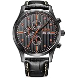 BUREI Herren Uhr Analoge Quarzuhr Chronograph Tages und Datumsanzeige Saphirglas schwarzem Leder Armband Einfach Elegante Design (Orange-Schwarz)