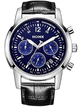 HOWK Männer Chronograph mit Tagesanzeige mit blauen, Leuchtzifferblatt im Edelstahlgehäuse und Lederarmband