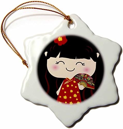 3dRose orn_76679_1 Cute Kawaii Cartoon Japanese Chinese Girl Doll in Traditional Red Gold Dress and Fan Snowflake Decorative Hanging Ornament, Porcelain, 3-Inch