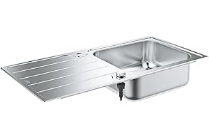 GROHE évier de cuisine K500, acier inoxydable, 1 bac avec égouttoir, 100 x 50 x 18 cm, réversible, avec tirette de vidage, installation rapide, Inox, 31563SD1 (Import Allemagne)
