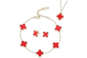 TOFBS Conjuntos de Joyas Trébol de Cuatro Hojas para Mujer y Niñas 18K Oro Rose Plateado Acero Inoxidable Doble Cara Rojo Negro Trébol de Cuatro Hojas Collar Pendientes Pulsera Juego de Joyas (Rojo)