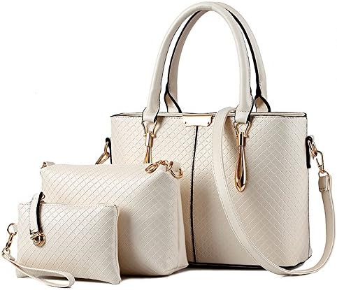 HerHe 3 Piece Women Tote Bag Weave Leather Handbag Shoulder Purse Bags Set,White