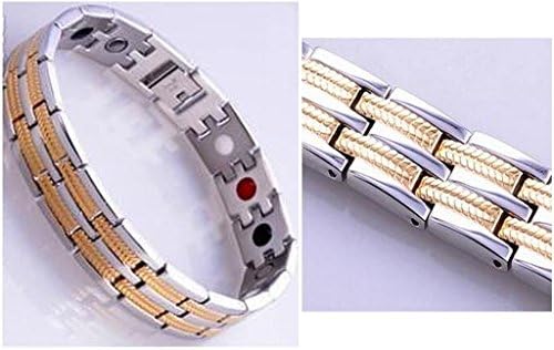 New Gold Plated 4in1 Bio Health Magnet/Germanium/White Ion & FIR stone Elements-High quality Energy Magnetic BRACELET Wristband PAIN RELIEF with Fold-Over Clasp +Gift Box+Link Removal Tool (21 cm, Light blue Gift Box)