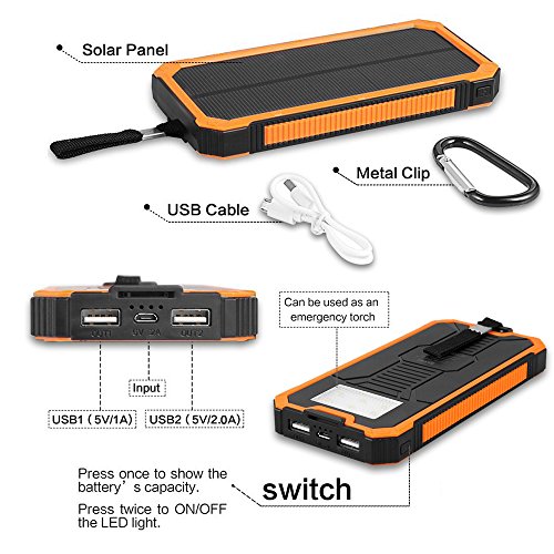 15000 mAh  Dual USB Cargador Solar port  til Backup Power Bank para exteriores de Panel Solar Cargador con LED de luz de emergencia para iPhone Samsung HTC y otros Smartphone Naranja 