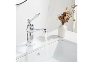 Maynosi Rubinetti per Lavandini Bagno, Retrò Rubinetto Bagno Lavabo, Vintage Monocomando in Ceramica per Lavandino da Bagno, Stile Vittoriano, Includere Tubi Flessibili, In Ottone (Cromo)