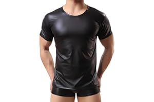 SAMHENG Débardeur métallisé brillant pour hommes, T-shirts de maillot de corps à manches courtes en cuir PVC, t-shirts moulants à col rond Clubwear, T-shirt de danse slim noir pour festival musique boîte nuit