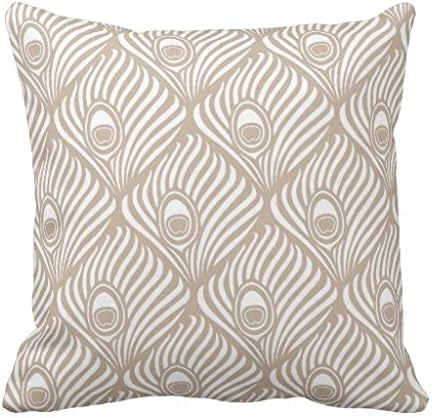 Peacock Feather Pattern in Tan and White Throw Pillow Cover 18x18