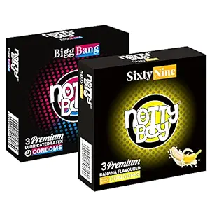 NOTTY BOY Extra Thin Banana Flavour And 4 In 1 (Ribbed Dotted Contour Climax Delay) Condoms For Men And Woman -6 Count