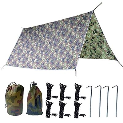 Cenphua Camping bâche, Bâche Tente Anti Pluie, Rain Fly Imperméable, Portable Ripstop Rain Tarp Parasol, Compact Léger Abri Étanche pour Randonnée Backpacking Picnic, 3 x 3m, Camouflage