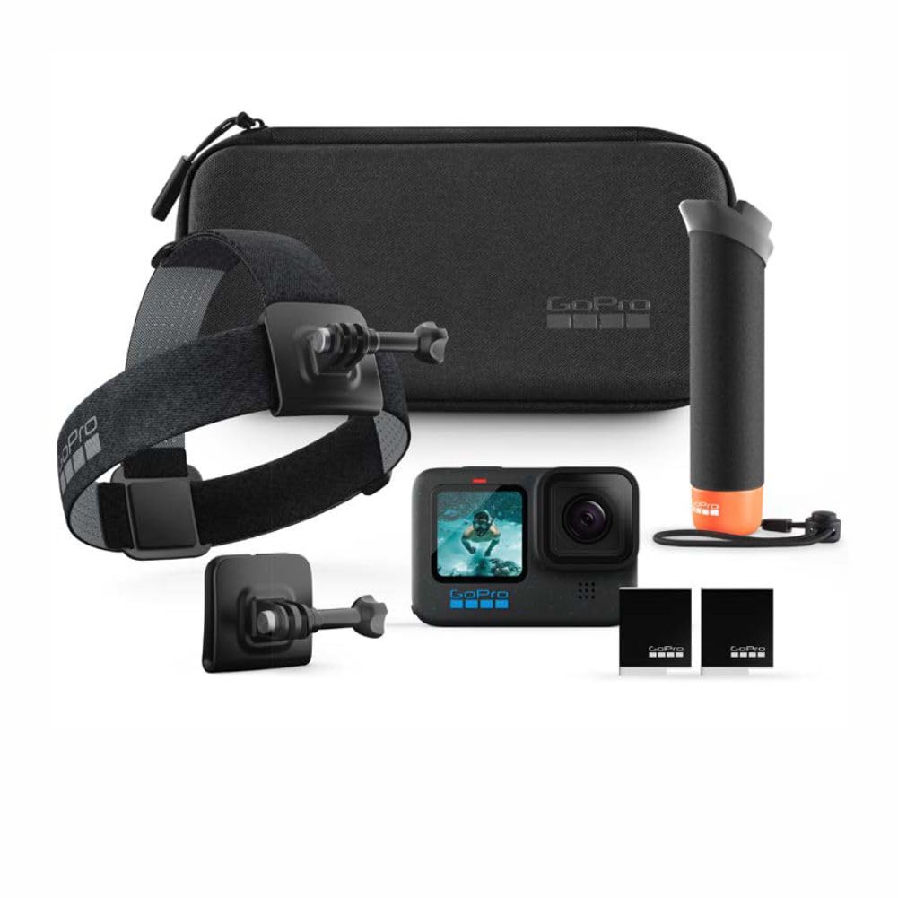 GoPro Hero12 Bundle Pack - Includes Hero12 Action Camera, 2-Batteries, Floating Hand Grip, Head Strap, Curved Adhesive Mount,