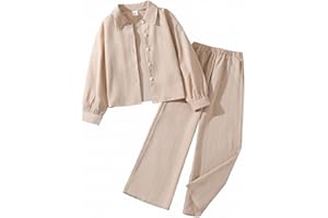 JiAmy Girl Textured Outfit Button Down Shirt Top and Wide Leg Pants Casual Fall Set 2 Pieces Tracksuit for 7-12 Years