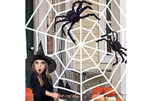 HUIFENGJIE Halloween Ragno Peloso,2.5m Halloween ragnatele + 1 Pezzi 30cm Ragni + 1 Pezzi 50cm Ragni, Grande Ragno Peloso con Occhi Rossi, per Halloween, decorazione inquietante per interni, esterni e cortili