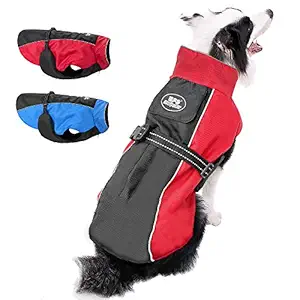 Beirui Reflective Waterproof Dog Winter Jackets for Large Dogs - Windproof Fleece Lined Warm Dog Coats with Harness & Leash Holes,Red,3XL
