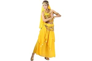 Xinvivion 4 Piece Women Ladies Belly Dance Professional Costume Set Indian Dance Performance Outfit Suit (Yellow,Fit 45-70 KG)