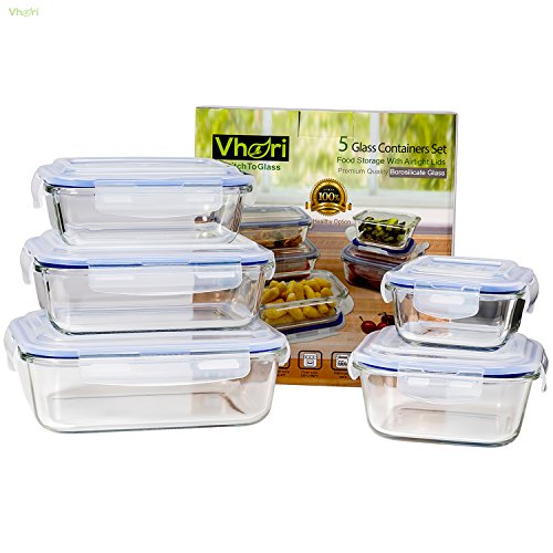 Vhari 5 Set Glas Lebensmittel Lagerbehälter * Airtight & Dicht * Backofen , Mikrowelle, Gefrierschrank und Spülmaschine Safe * 10 Stück (5 Glasbehälter + 5 BPA frei Lids ) * - 4