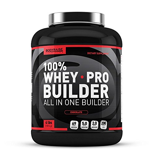 Bodyraise 100% Whey Pro Builder 1814g Vanilla - Concentrado de aislado de proteína en polvo, con BCAAs, creatina y glutamina extra y más de 17 vitaminas y minerales, 35g/dosis, 1814g, sabor vainilla
