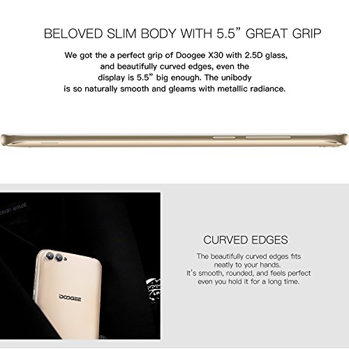 Smartphone ohne vertrag, DOOGEE X30 Dual Sim Android 7.0 Handy, 5.5 Zoll IPS HD Display, 2GB RAM + 16GB ROM, Mali 400 525MHz - Dual 5.0MP Front Kameras + Dual 8.0MP Hintere Kameras - 3360mAh - Gold