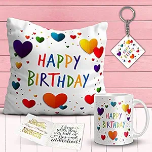 KivStar Satin Happy Birthday Printed Cushion Cover with Filler Combo = Pillow + Mug + Key Chain + Card (12
