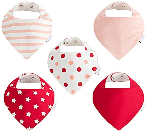 Baby-Lätzchen Set für Mädchen 5 Stück, Dreieckstuch aus Baumwolle in den Farben Rot, Rosa und Weiß, Saugstark und Wasserdicht - Halstücher - Spucktücher - Sabberlätzchen