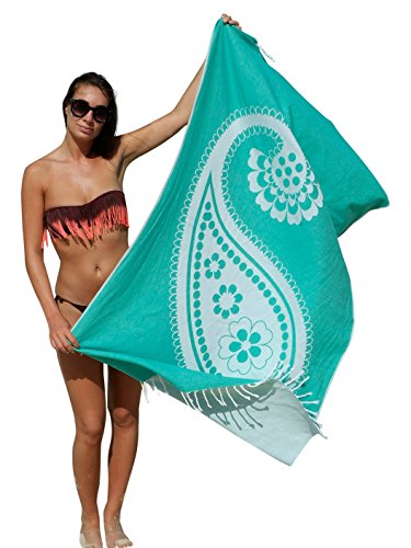 Fouta Hamamtuch xl 'ZusenZomer' | Design - außergewöhnlich - schön und fällt somit an jedem Strand auf | Dieses Hamam Badetuch / Strandtuch ist schön groß, trotzdem dünn | 100x185cm | hochwertige Qualität 100% Baumwolle. (Meeresgrün mit Paisley)