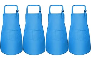 Disino 4 Pcs Blue Kids Aprons Set, Boys Girls Adjustable Aprons with 2 Pockets, Children Chef Apron Toddler Kitchen Garden Bib Aprons for Cooking Crafting Painting Baking (7-13 Year)