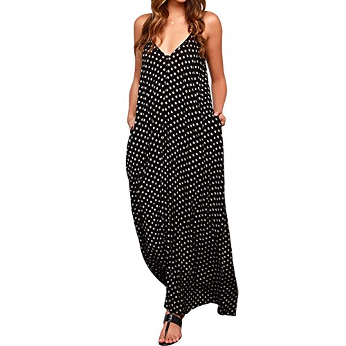 Skyblue-uk Beach Dresses Womens Lace Splice dot pocket Backless Strappy Party Evening Beach Long Maxi Dress Black