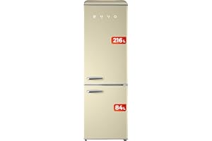 EVVO Frigorífico Combi, Acabado Retro, Refrigerador 216 litros, Congelador 84 litros, diseño vintage, cajón Crisper Zone, Turbo fan, libre de gas CFC, Silencioso F55 (Color Beige)