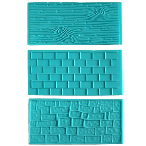 3x Kurtzy Kuchen-/Torten-Modellierwerkzeug, Stempel-Ausstechformen, Satz aus 3 geprägten Druckformen aus Silikon – Effekte: strukturiertes Holz, Ziegelwand & Kopfsteinpflaster - für Kuchendekoration, Fondant, Glasur - hervorragende Ausstattung für Er
