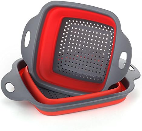 Foldable Collapsible Kitchen Colander 2 Pcs square Collapsible washing up bowl Silicone Strainer Set Filter basket 2 sizes (Red)