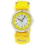 BOXX Mädchen und Jungen Armbanduhr analog mit gelb-weißem Ziffernblatt und gelben Klettverschlussarmband