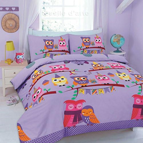 Duvet quilt cover with pillow cases new polycotton bedding (Owl Purple, Double Duvet Cover Set)