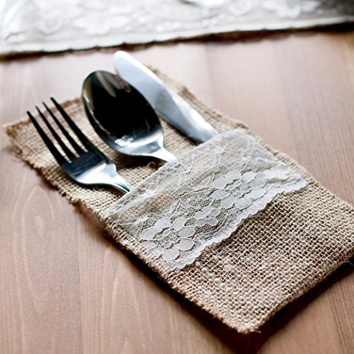 DIS 50 Stück Natur Jute Sackleinen&Lace Rustikales Besteck Messer und Gabeln Besteck Set Bestecktasche Halter Party Hochzeit Dekor , 4 x 8 inch - 3
