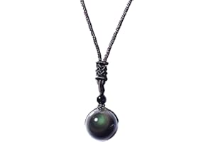 QKEOISUD Round Obsidian Necklace,Natural Obsidian Pendant with Braided Rope Rainbow Eyes Style,Good Luck Bead Rainbow Eyes Amulet for Women and Men Adjustable