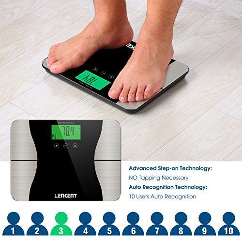 Smart Digital Personenwaage, Lencent Digitale Körperfettwaage mit Großem LCD-Display, Hartglasplattform, 180 KG Kapazität und 10 Benutzer Automatischer Step-On-Erkennung Badezimmerwaage, Messen Sie Gewicht/ Körperfett/ Wasser/ Muskel/ Knochenmasse/ BMI/ Kalorienbedarf und utw. - 3