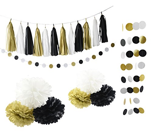 Furuix Schwarzes weißes Gold-Partei-Dekoration-Installationssatz Glückliches neues Jahr-Dekoration-Goldfunkeln-Partei-Fahnen-Tissue-Papier Pom Pom-Blume mit Papier-Troddel-Girlande-Kreis-Girlande für Sylvester-Dekor-Geburtstags-Deko