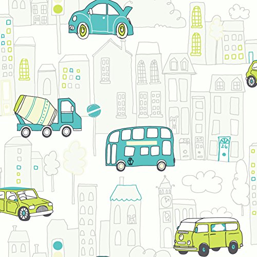 Tapete Kinderzimmer Autos Bus LKW Stadt , schöne grün blau türkise niedliche Tapete für Jungen und Mädchen , inklusive der Newroom Tapezier Ratgeber, mit super Tipps zum Tapezieren! - 2