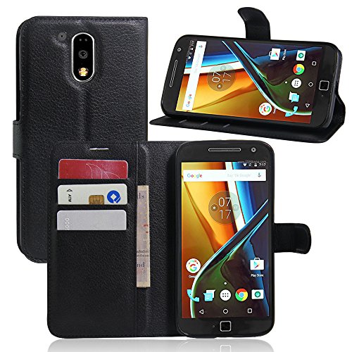 Funda Moto G4   G4 Plus - EUGO Funda Cuero Resistente  Soporte Plegable  Ranuras para Tarjetas y Billetes  Estilo Libro  Acceso a Botones   1    Negro Stylus Pen - Negro