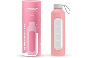Wessper Bouteille en verre avec housse en silicone, bouteille en verre borosilicaté avec graduation 1 litre, bouteille de sport idéale pour le fitness, l'école, le sport, les enfants - Rosa