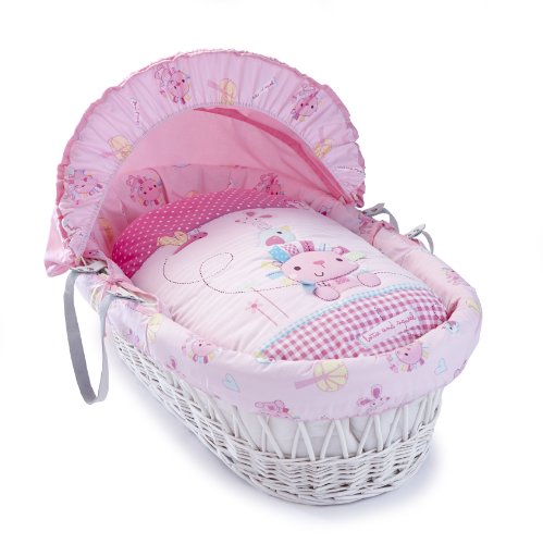 Clair de Lune Lottie and Squeek White Wicker Moses Basket  inc. bedding, mattress & adjustable hood (Pink)
