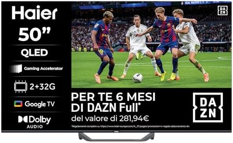 Haier Smart TV 50" QLED 4K Ultra HD S81 Series, Google TV, Dolby Audio, Gaming 120Hz DLG, HDMI 2.1, Chromecast Integrato, Bluetooth 5.1, Design Senza Bordi, Telecomando Vocale