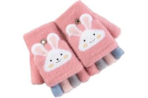 FUNLOV Children Flip Cover Half Finger Gloves Kids Winter Knitted Warm Glove Cute Cartoon Bunny Fingerless Mittens with Flip Top Suitable for 6-12 Kid