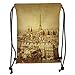 Produktbild Icndpshorts Drawstring Backpacks Bags,Eiffel Tower,Classic Photo of Eiffel Tower Paris National Landmark Old Album Memories Vintage,Brown Soft Satin,5 Liter Capacity,Adjustable String Closure,